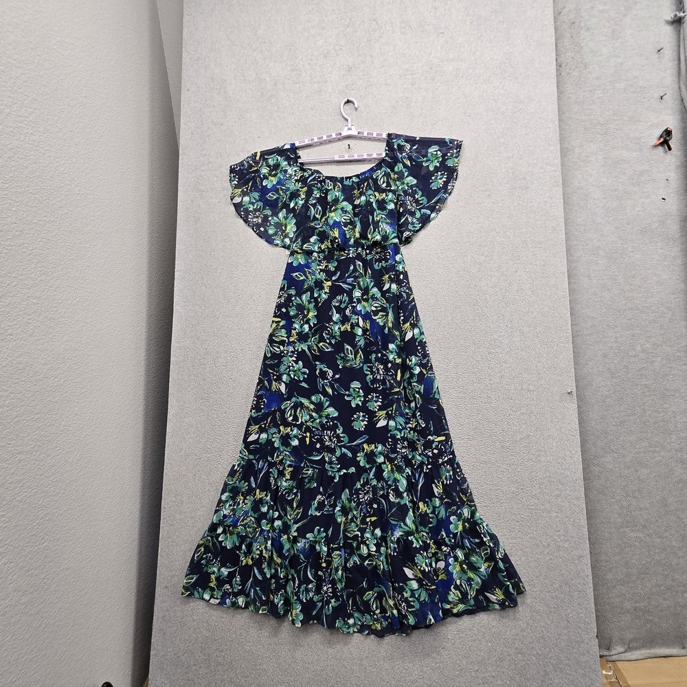 Donna Morgan Women Dress 4 Navy Floral Maxi Milkmaid Chiffon Cottagecore NWT - Picture 9 of 9